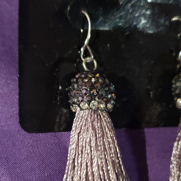 Designs By Liza Kim Purple Tassel Dangle Earrings Metallic Rhinestone Cap - Picture 3 of 8